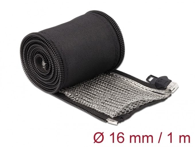 Delock EMI Shielding braided sleeve with zip heat resistant 1 m x 16 mm black
