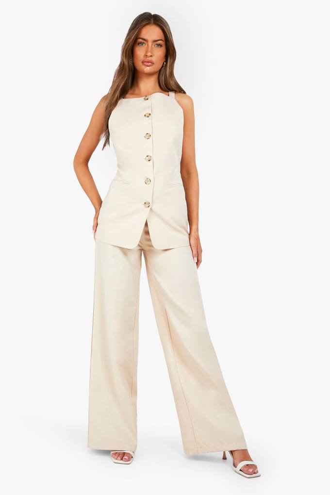 boohoo Dames Getextureerde Broek met Wijde Pijpen | Zand | Maat: 36