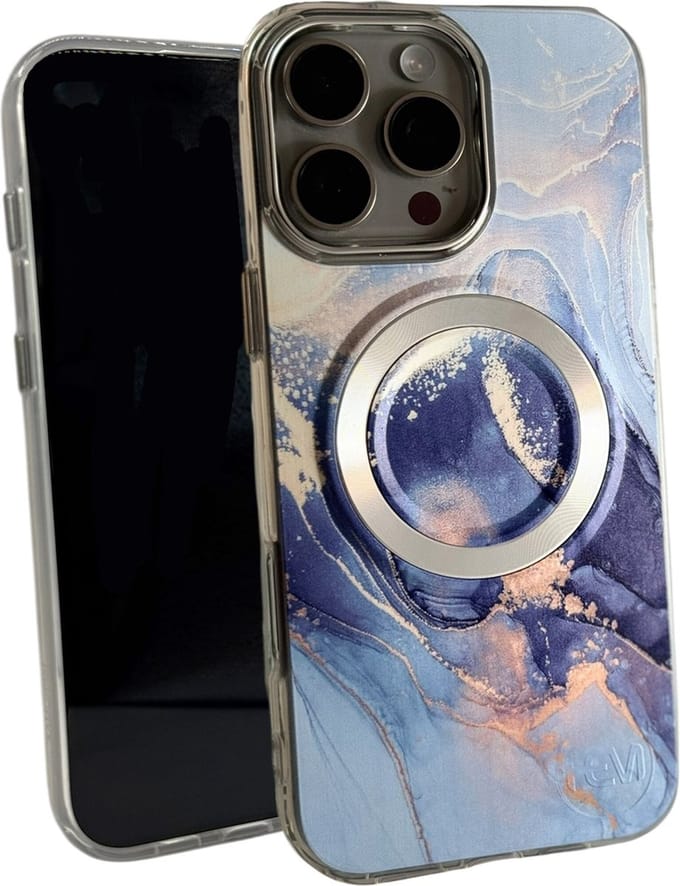 HEM Artistic Silver-Blue Hoesje geschikt voor iPhone 15 Pro - Hoesje Magsafe Compatibel - Shockproof Backcover