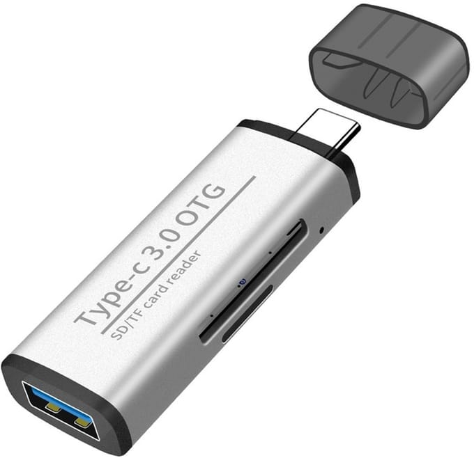 USB-C naar SD + Micro-SD (tf) + USB 3.0 Female - compacte kaartlezer adapter kabel - card reader - voor o.a. camera en laptop - zilver
