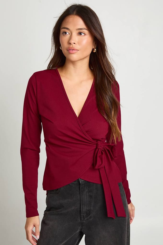 boohoo Dames Wikkel Voorzijde Strik Taille Top | Red | Maat: 8