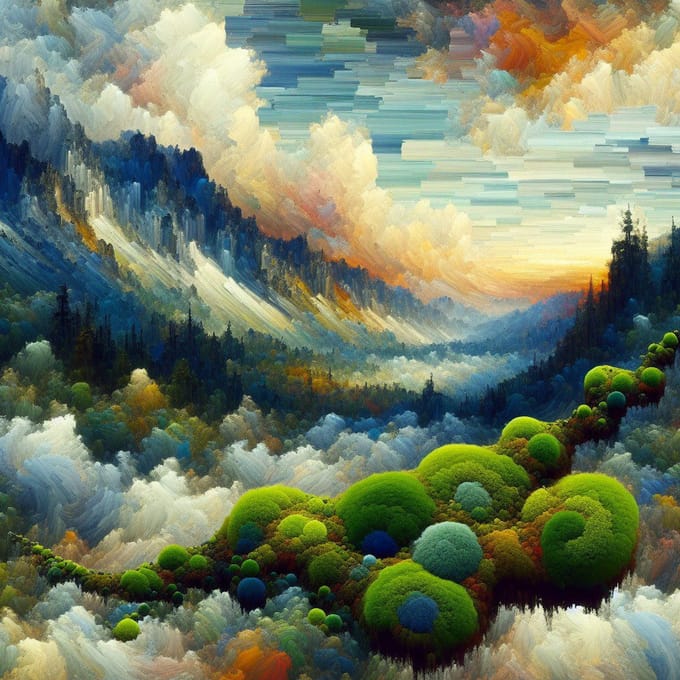 Olieverf mos schilderij | Emerald Oasis: een zee van rust in olieverf | Kunst - 60x60 centimeter op Canvas | Foto op Canvas
