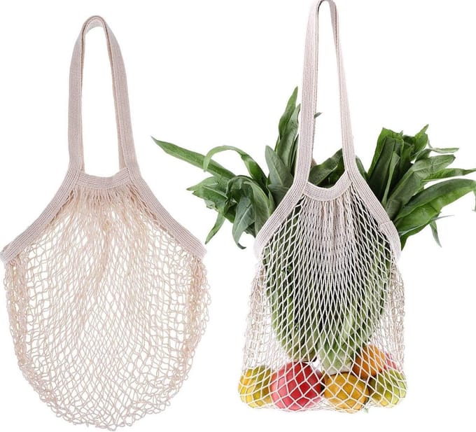 Herbruikbare mesh boodschappentassen 2 stuks - Cotton Drawstring - Groente Fruit Zakken - Beige