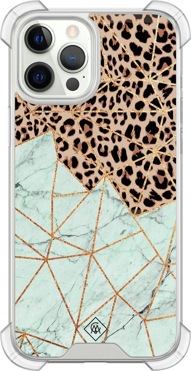 Casimoda® hoesje - Geschikt voor iPhone 12 Pro - Luipaard Marmer Mint - Shockproof case - Extra sterk - Siliconen/TPU - Mint, Transparant