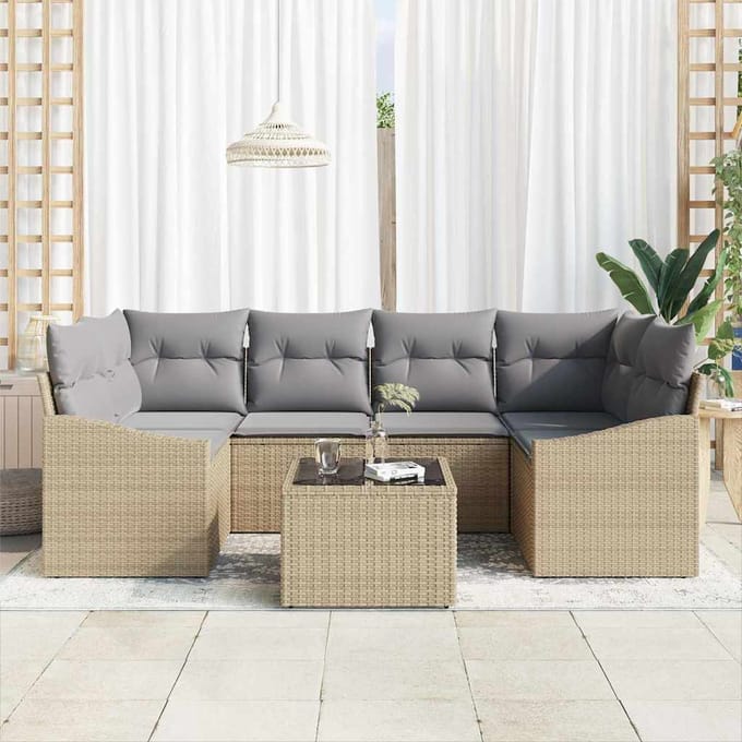 vidaXL Bankstel met kussen met opslag 7 pcs Beige en Grijs poly rattan