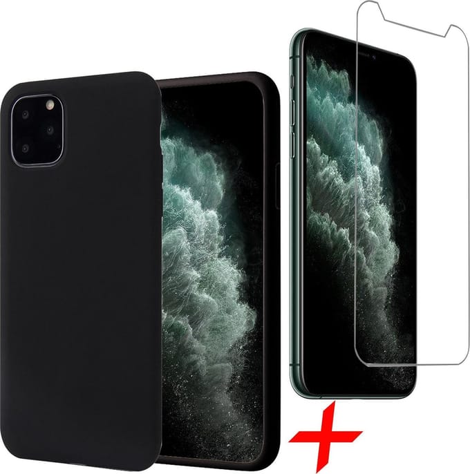 Hoesje geschikt voor iPhone 11 Pro - Screenprotector GlassGuard - Zwart Liquid Siliconen Case