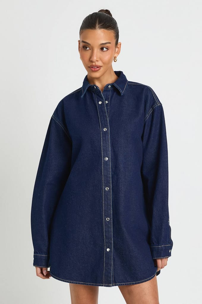 boohoo Dames Oversized Denim Blousejurk | Indigo | Maat: 34