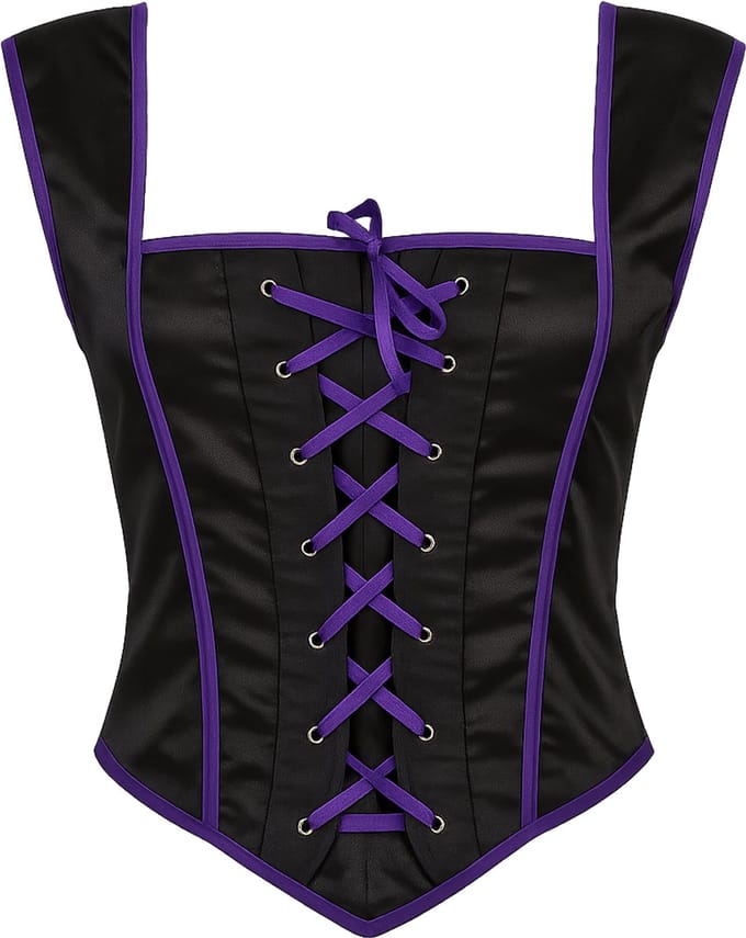 Zwarte Satijnen Corset Top met Paarse Accenten – Vetersluiting – Feest & Verkleed