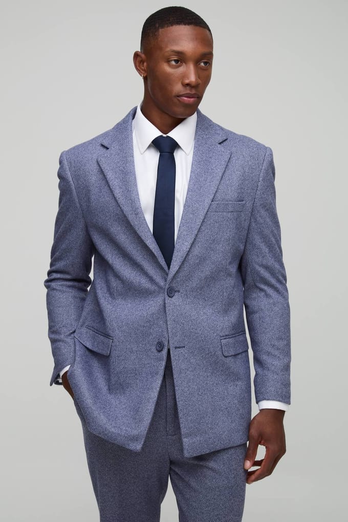 Straight Fit Herringbone Suit Jacket | Navy | Size 48