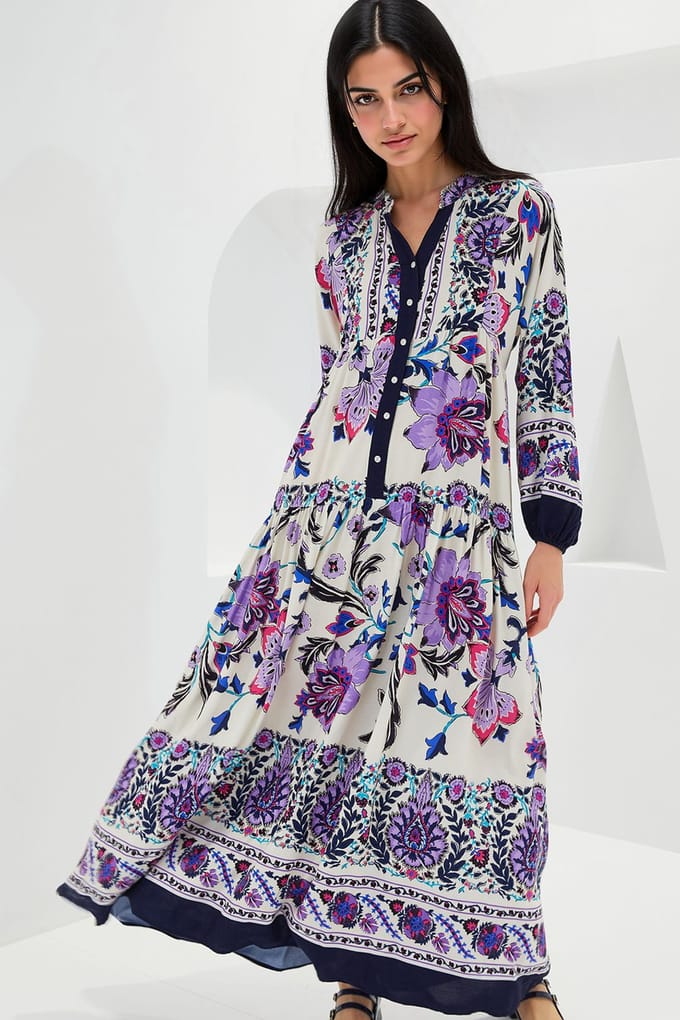 Geprinte V-Hals Maxi Jurk