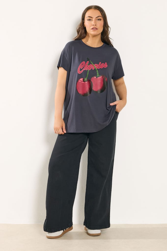 Yours Grijs 'Cherries' Slogan Tshirt Size 42