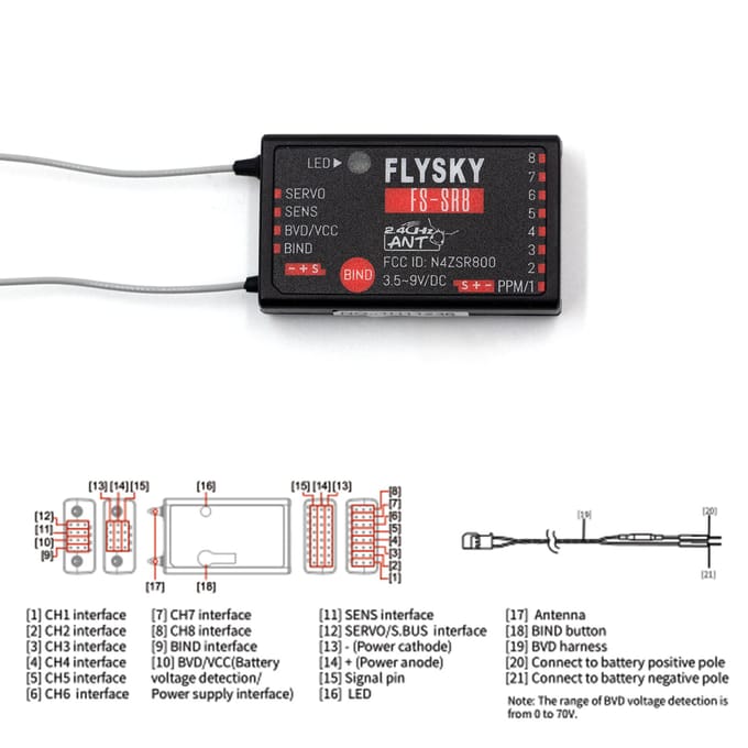 FLYSKY FS-SR8 Ontvanger 2.4G Protocol ANT 3.5~9V/DC Ontvanger voor FS-ST8 RC Helicopters Auto Boot zwart