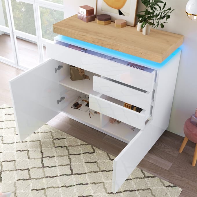 Ladekast 115x110x39 cm - dressoir met 3 lades - LED-verlichting - opbergkast - wit