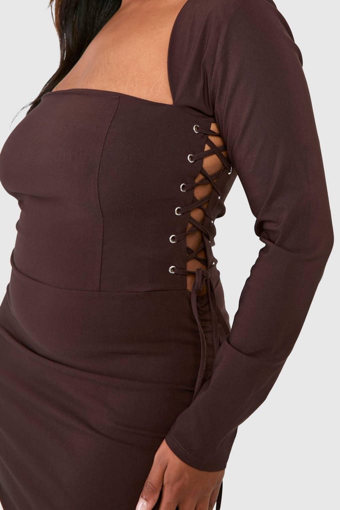 boohoo Dames Plus Bengaline Vetersluiting Vierkante Hals Corset Bodycon Jurk | Chocoladebruin | Maat: 54