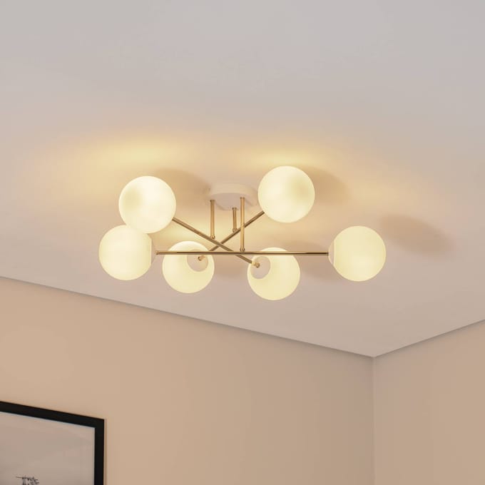 Euluna - plafondlamp - 6lichts - Staal, glas - H: 26 cm - E14 - wit, goud, wit opaal