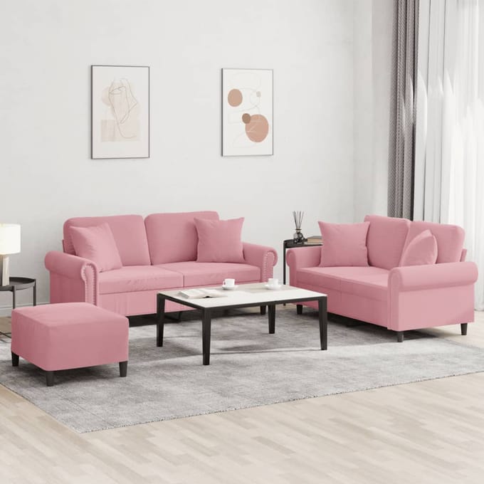 vidaXL - 3-delige - Loungeset - met - kussens - fluweel - roze