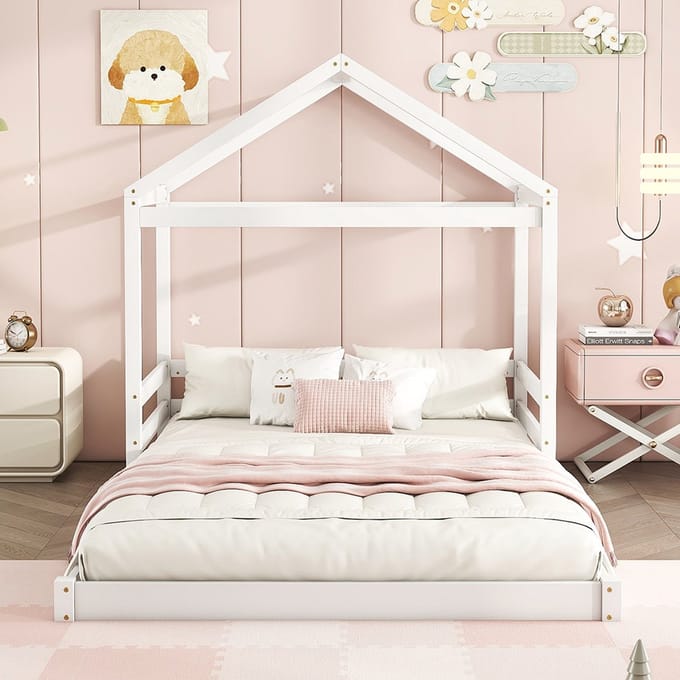KOMHTOM Kajuitbed Kinderbed 140 x 200 cm Huisvorm Grenen hout Lattenbodem Wit