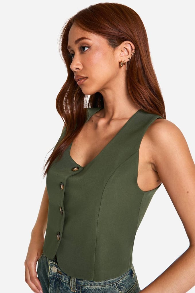 boohoo Dames Cropped vest met vierkante hals | Khaki | Maat: 6