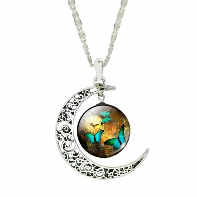 Fako Bijoux® - Ketting - Cabochon - Vlinders Klok - Maan - Bruin/Groen