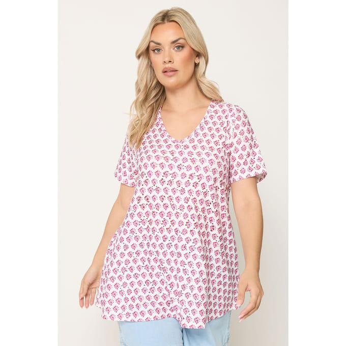 Yours Witte En Roze Swingtop Met Broderie Size 50-52