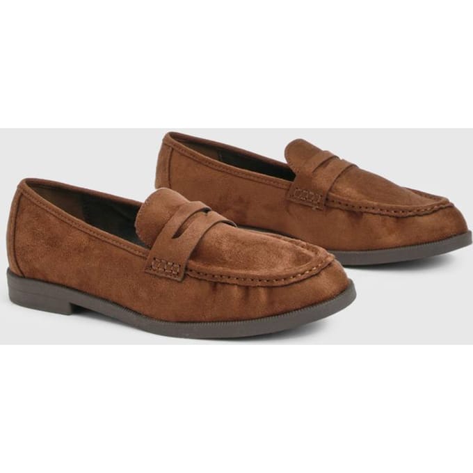 boohoo Dames Loafers met brede pasvorm in nep suede | Chocolate | Maat: 3