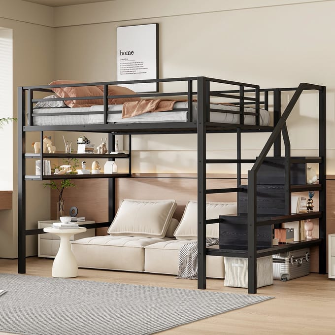 Hoogslaper - 140x200 cm - Met Trapkast - Ruimte onder het Bed - Metaal - Zwart
