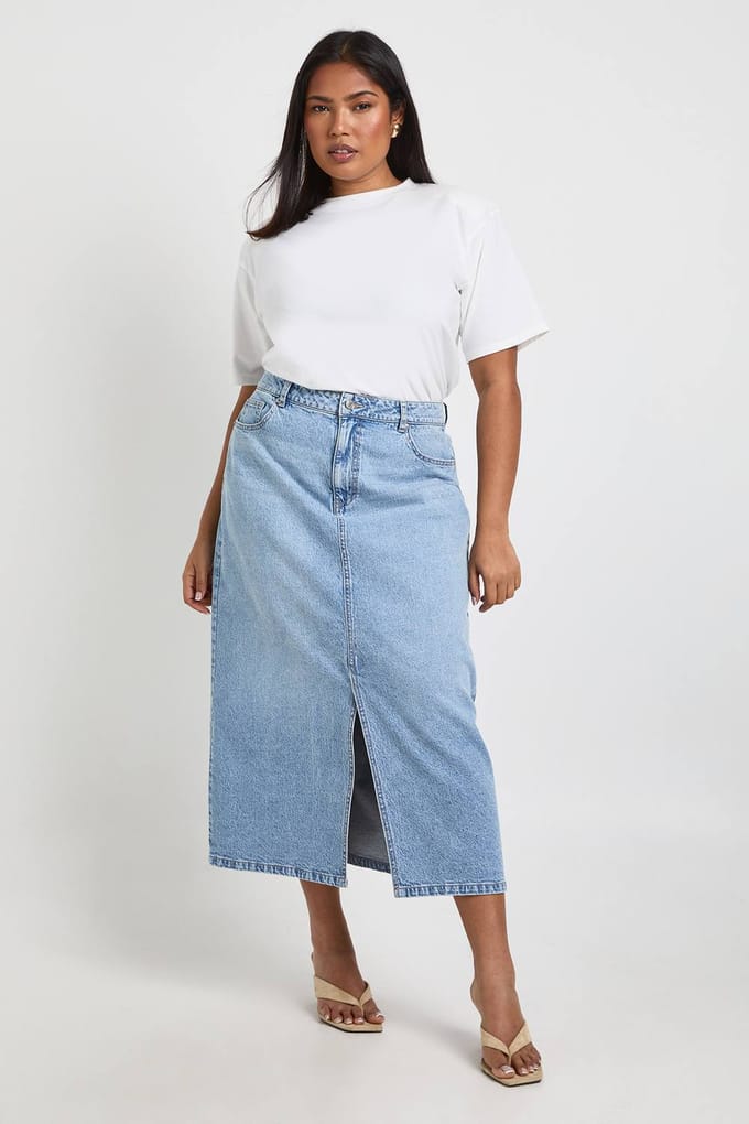 boohoo Dames Plus Denim Midaxi Rok | Licht Gebleekt | Maat: 54