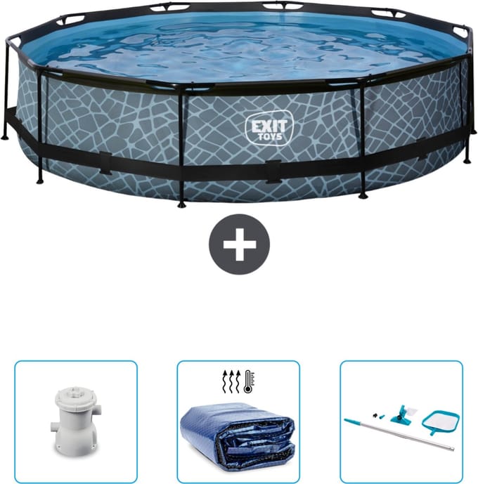 EXIT Rond Stone Frame Zwembad - 360 x 76 cm - Inclusief Pomp - Solarzeil - Schoonmaakset - Nu extra voordelig