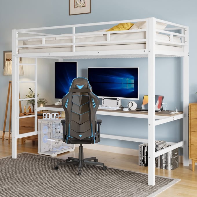 MODFU - Hoogslaper 90x200 cm – Wit metaal/MDF met bureau, trap & LED – 7 kleuren