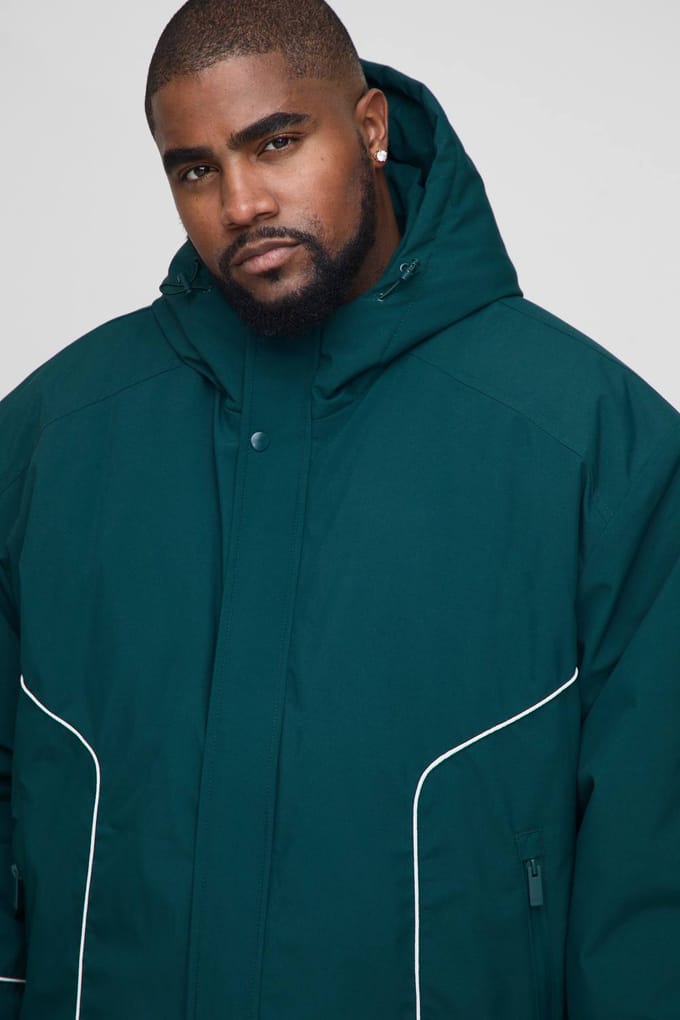 Plus Regular Fit Piping Detail Nylon Padded Parka Jacket | Forest | Size 2XL