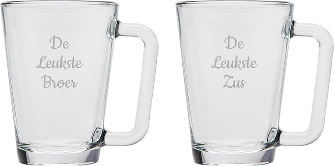 Gegraveerde theeglas 26cl De Leukste Broer-De Leukste Zus