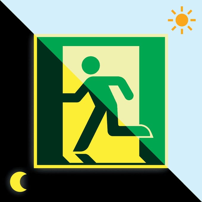 Extra lichtgevende nooduitgang links sticker - E001 150 x 150 mm