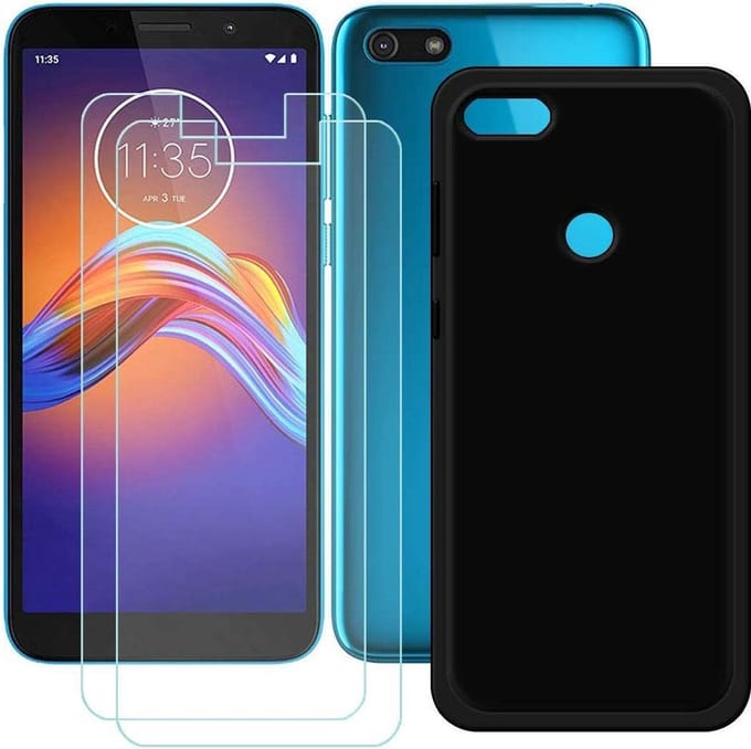 Case Geschikt voor: Motorola E6 Play Zwart TPU Siliconen Soft + 2X Tempered Glass Screenprotector