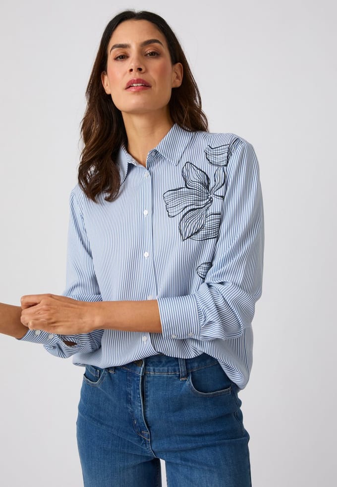 Damart - Gestreepte blouse met ton-sur-ton botanische print - Dames - Blauw - 50