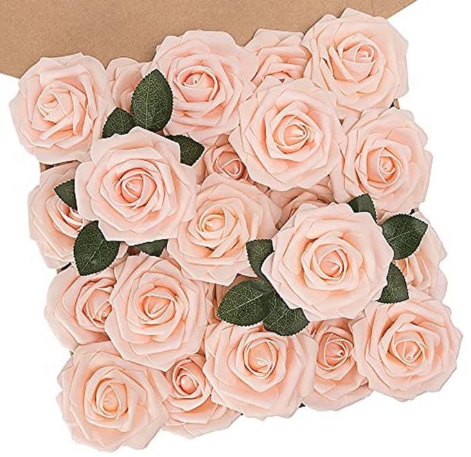 SnelShoppen - 25 Stuks Kunstrozen met Steel - Blush Pink Kunstbloemen voor DIY Bruidsboeket, Hu decoration en Feestdecoratie - Hoogwaardige Latex Foam