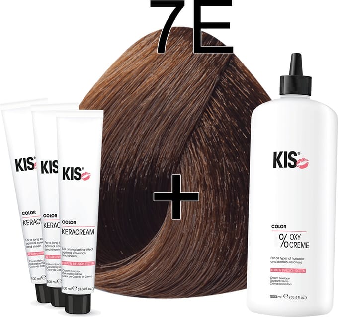 Kis KeraCream Color - 100ml - Haarverf Set - 7E Middelblond espresso | KIS - (3 x haarverf & 1L waterstofperoxide)