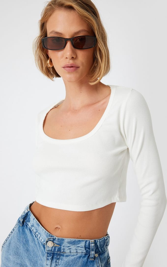 U-kraag Lange mouw T-shirt
