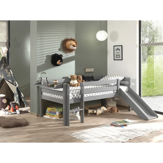 LUCEVI - Pino Halfhoogslaper H85CM + Ladder + Glijbaan + Hangplank - Grijs - 90x200 cm