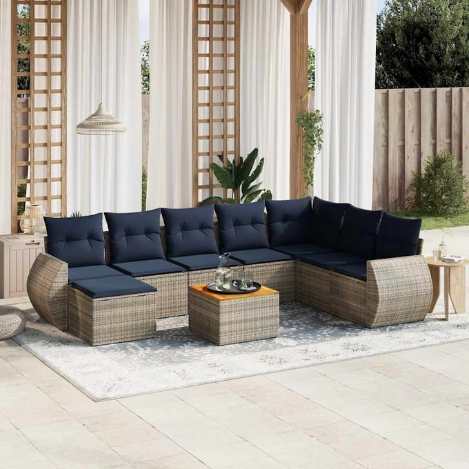 vidaXL - 9-delige - tuinbankset - met - kussens, - grijs - polyrotan