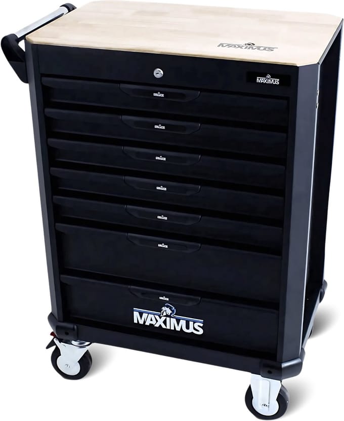 Maximus Gereedschapswagen Gevuld – 406-delig – 7 Grote Lades Incl. Softmodules – Quick-Lock & Houten Werkblad