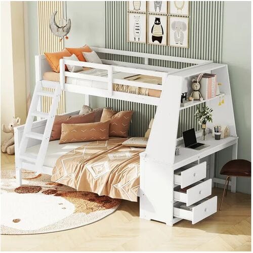Merax Stapelbed 90 x 200 cm + 140 x 200 cm - bureau + 3 lades + plank - MDF hout - wit