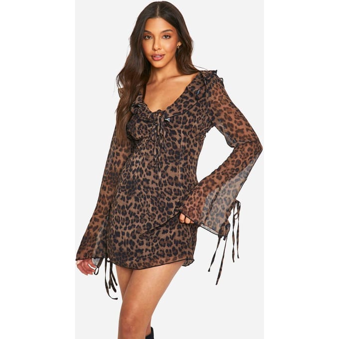 boohoo Dames Leopard Chiffon Ruffle Shift Jurk | Brown | Maat: 8