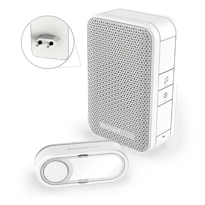 Honeywell DC311SP2 draadloze plug-in deurbel met horizontale beldrukker 4 melodieën 84 dB 150 meter wit