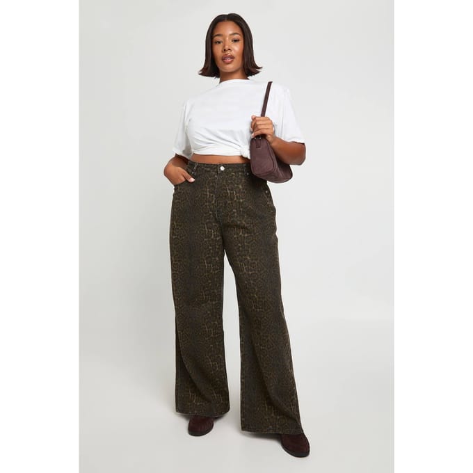 boohoo Dames Plus Leopard Hoge Taille Wijde Pijpen Jeans | Luipaardprint | Maat: 52