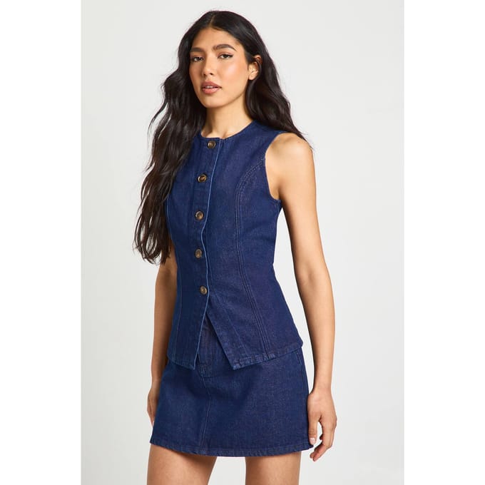 boohoo Dames Lang Mouwloos Spijkervestje Met Knoopsluiting | Indigo | Maat: 38