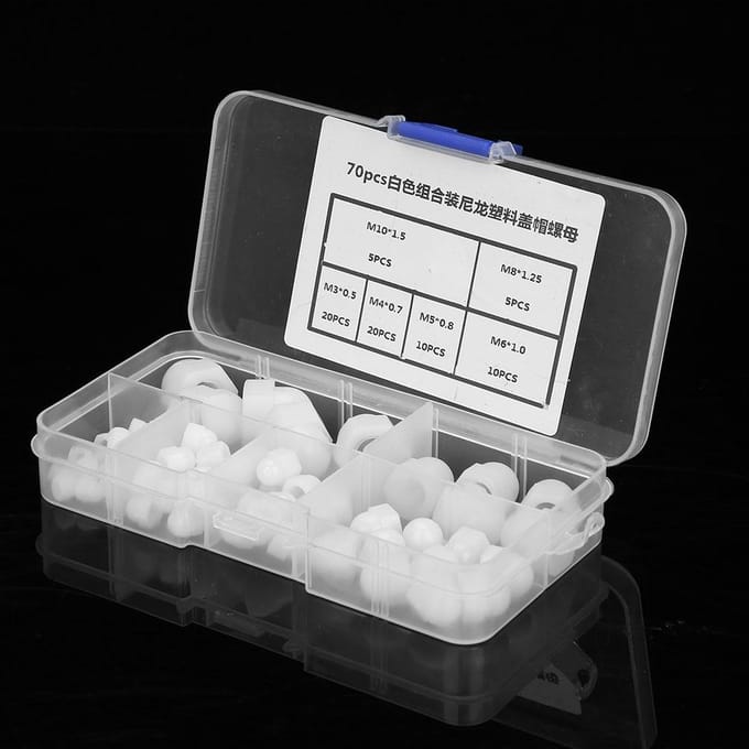 70 stuks M3 M4 M5 M6 M8 M10 Nylon Zeskant Moer Kit Koepelkop Dop Zeskant Moeren wit