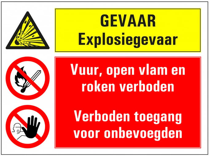 Explosiegevaar, vuur open vlam roken en onbevoegden verboden bord 280 x 210 mm - kunststof