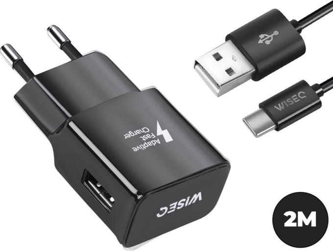 WiseQ USB C Oplader - Geschikt voor Samsung Galaxy - 18W Adaptive Fast Charging - Met Oplaadkabel 2 Meter - Zwart