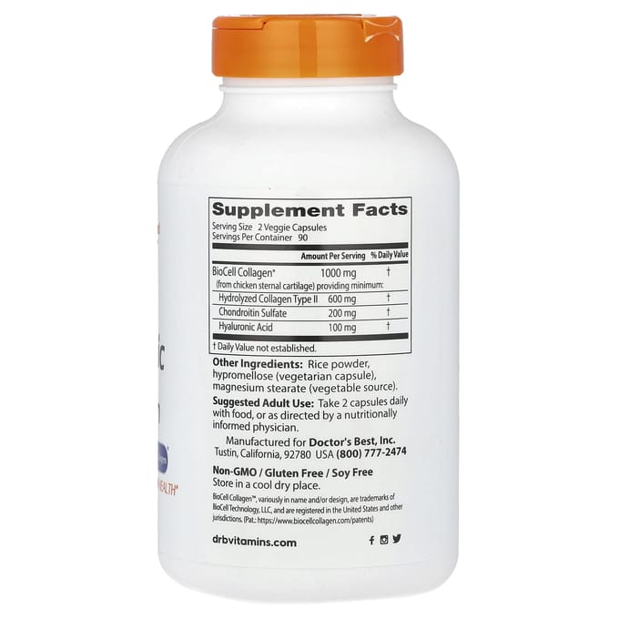 Doctor's Best, Acide Hyaluronique + Sulfate de Chondroïtine, 180 Gélules Végétales