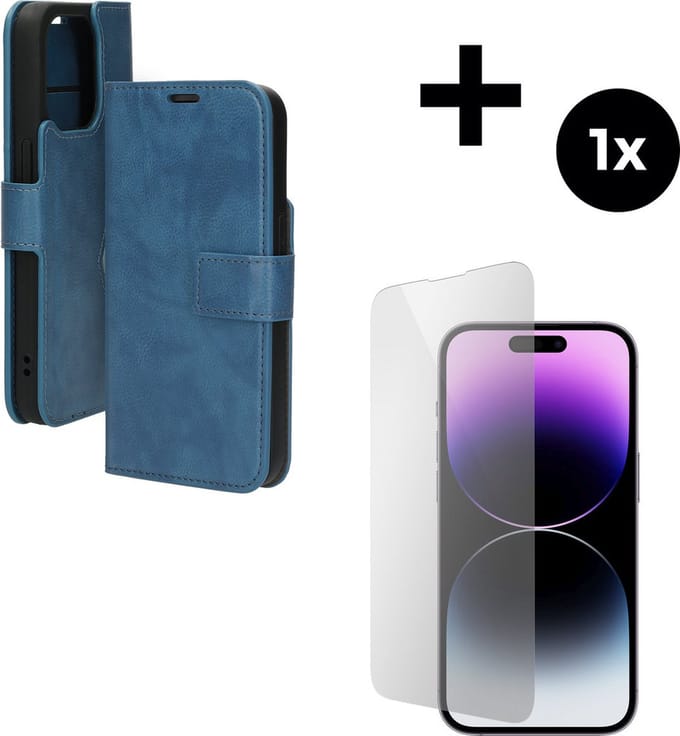 Mobiparts Classic Wallet hoesje geschikt voor Apple iPhone 14 Pro met 1 Screenprotector van Gehard Glas - Blauw
